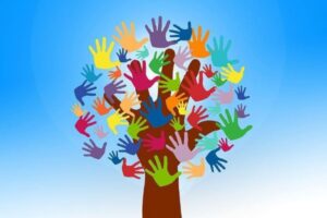 An illustrated tree made of a hand with colourful hands for leaves